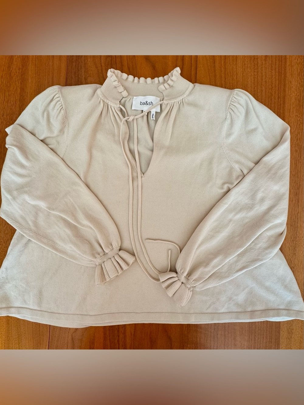 ba&sh Cream Ruffle Tie-Neck Knit Top, Size XS